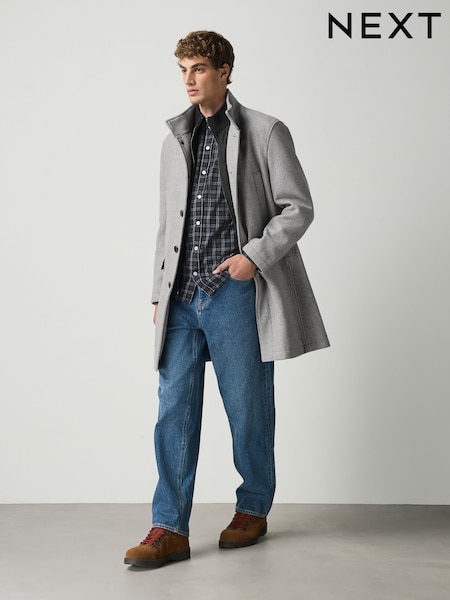Grey - Regular Wool Blend Mock Gilet Herringbone Padded Coat