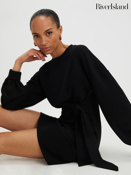 River Island Black Long Sleeve Premium Knot Side Mini Dress (Y41371) | £48
