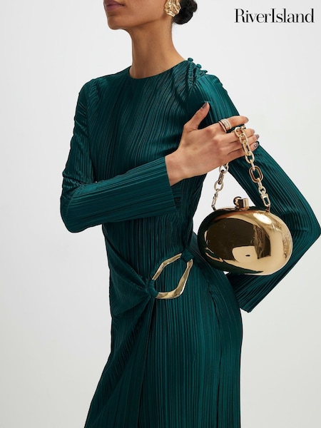 River Island Green Long Sleeve Plisse Midi Dress (Y41374) | £51