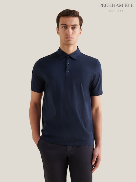 Peckham Rye Navy Blue Mercerised Jersey Polo Shirt (Y41584) | £50
