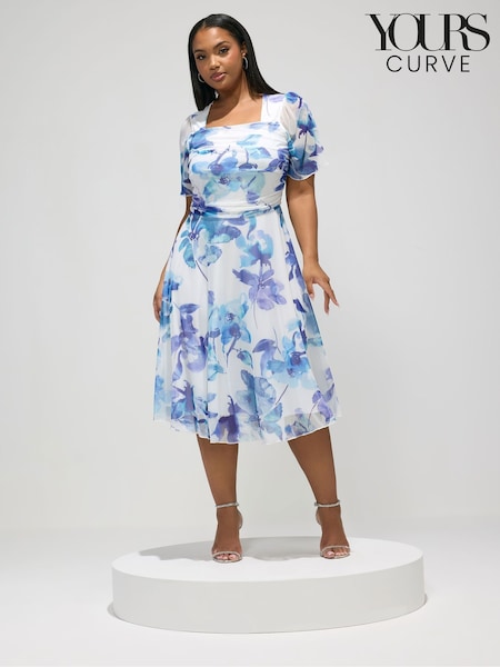 Yours Curve White London Blurred Floral Mesh Square Neck Dress (Y41690) | £53