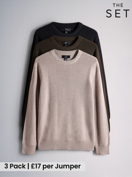 Black - Regular The Set 3 Pack Fisherman Crew Neck Jumpers