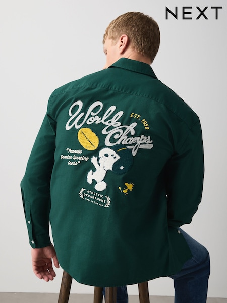 Green - Regular Snoopy Back Print Long Sleeve Oxford Shirt