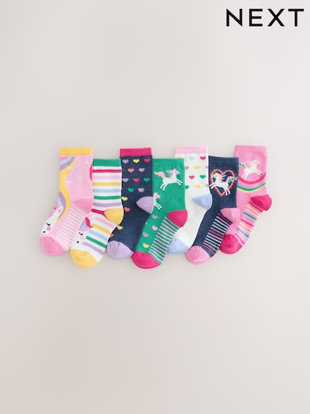 Pink, Green and Navy Blue - Cotton Rich Unicorn Ankle Socks 7 Pack