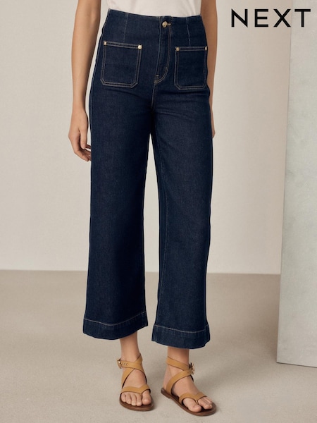 Indigo Blue - Patch Pocket Cropped Wide Leg Jeans