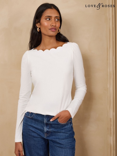 Ivory - Love & Roses Scallop Boat Neck Long Sleeve Top