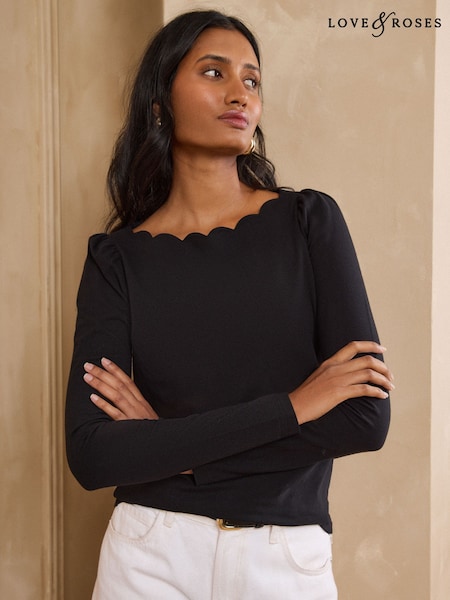 Black - Love & Roses Scallop Boat Neck Long Sleeve Top