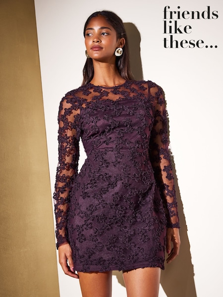 Burgundy Red - Friends Like These Lace Floral Long Sleeve Mini Dress