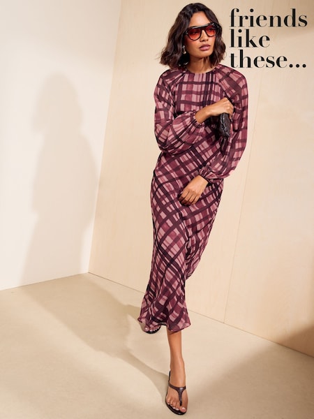 Red Check - Friends Like These Long Sleeve Check Chiffon Midi Dress