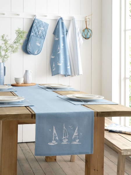 Catherine Lansfield Blue Salcombe Boats Cotton Runner Dining Table (Y42615) | £13
