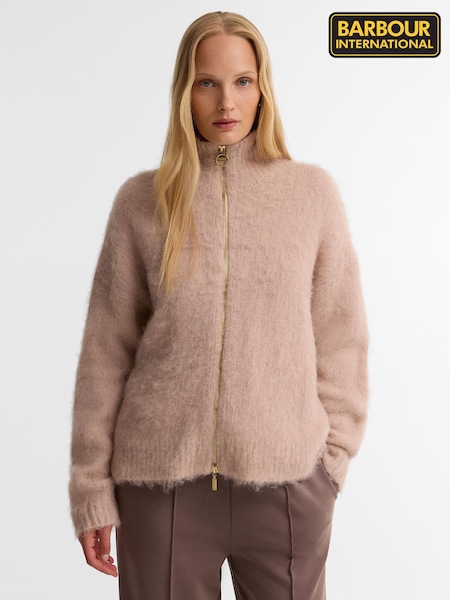 Pink - Barbour International Ramona Knitted Zip Through Jumper