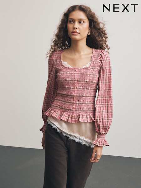Pink Check - Square Neck Smocked Long Sleeve Top