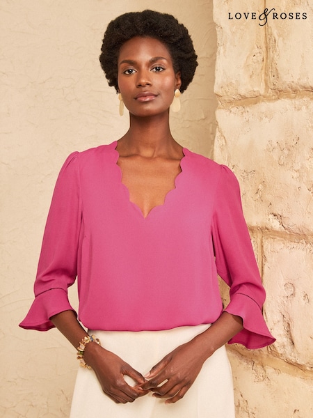 Pink - Love & Roses Scallop V-neck Flute Sleeve Blouse