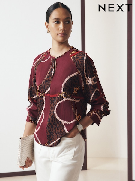 Burgundy Scarf Print - Long Sleeve V-neck Overhead Blouse