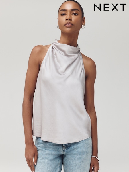 Silver - Satin Halterneck Top