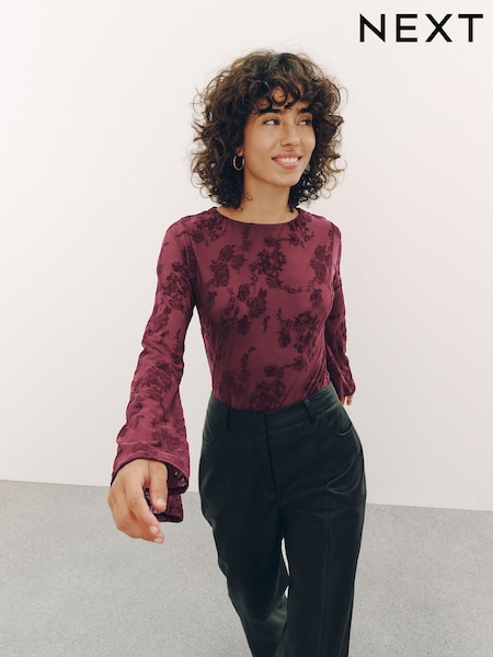 Plum Purple - Flute Sleeve Velvet Bodysuit