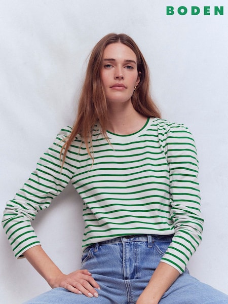 Boden Green Pleat Sleeve Stripe Top (Y43672) | £35