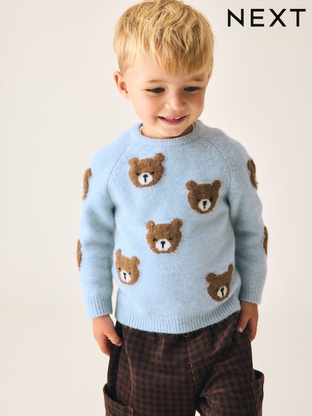 Light Blue Bear - All Over Character Knitted Crew Neck Jumper (3mths-7yrs)