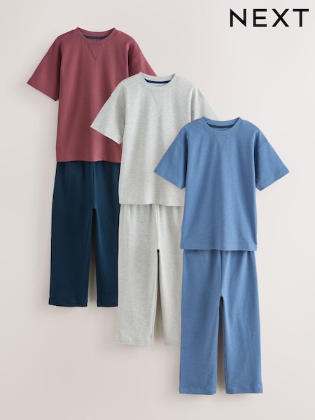 Blue/Grey/Red - Short Sleeve Jogger Pyjamas 3 Pack (3-16yrs)