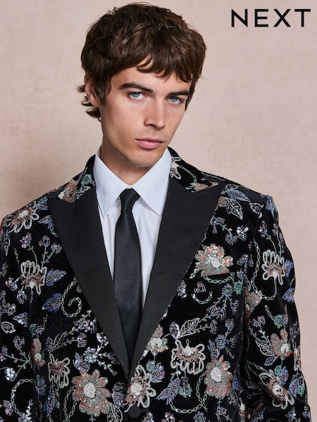 Black Multi Floral - Slim Fit Sequin Velvet Blazer