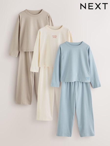 Neutral/Turquoise - Wide Long Leg Pyjamas 3 Pack (3-16yrs)