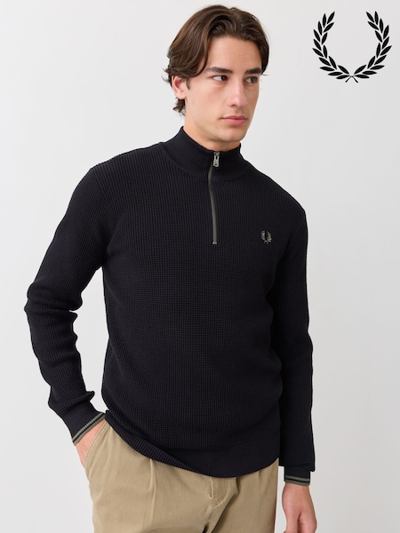Black - Regular Fred Perry Waffle Stitch Half Zip Jumper