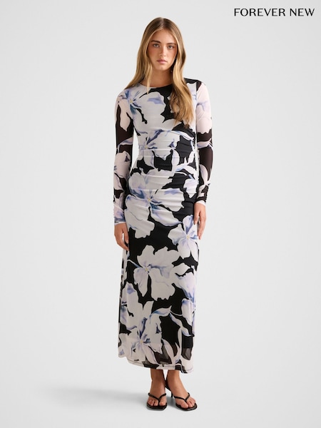 Forever New Black Amaya Long Sleeved Mesh Midi Dress (Y44747) | £60