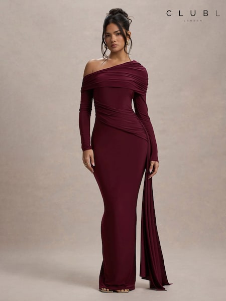 Club L London Red Valina | Burgundy Ruched Asymmetric Maxi Dress With Drape (Y44835) | £95