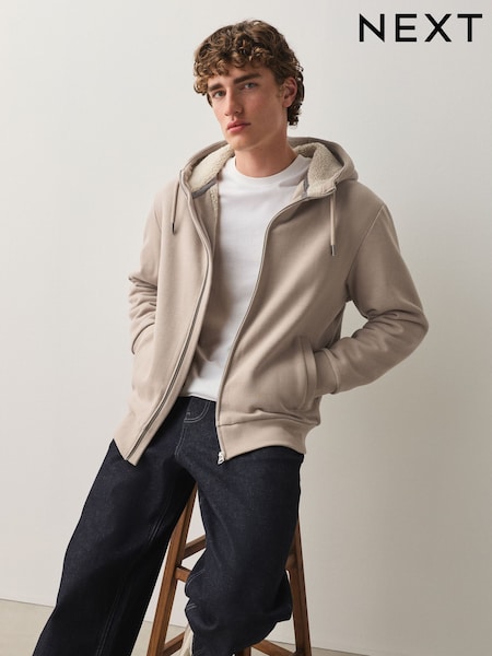 Neutral Stone - Regular Borg Lined Zip Through Hoodie