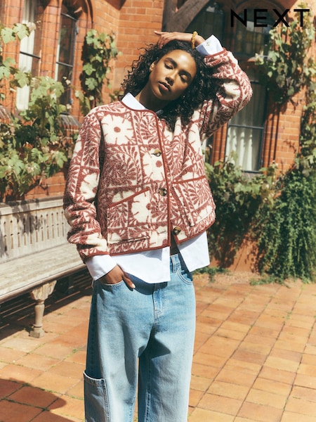 Pink Floral - National Trust X Next Button Through Tile Print Borg Jacket