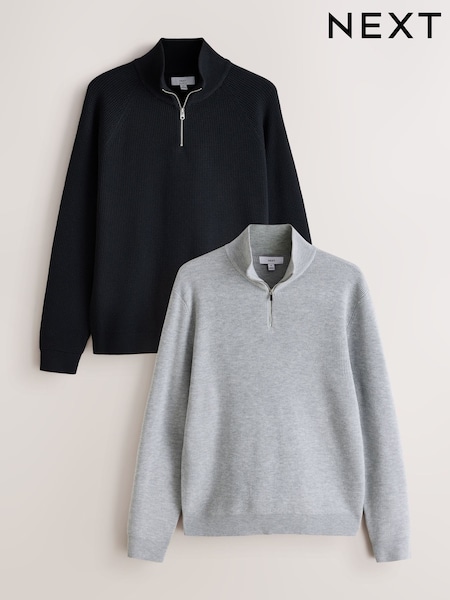 Black/Grey - Regular Textured Quarter Zip Jumper 2 Pack