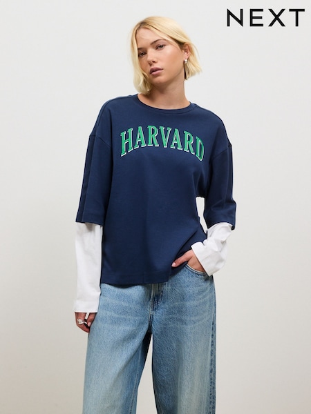 Navy - Relaxed Fit Layered Long Sleeve T-shirt