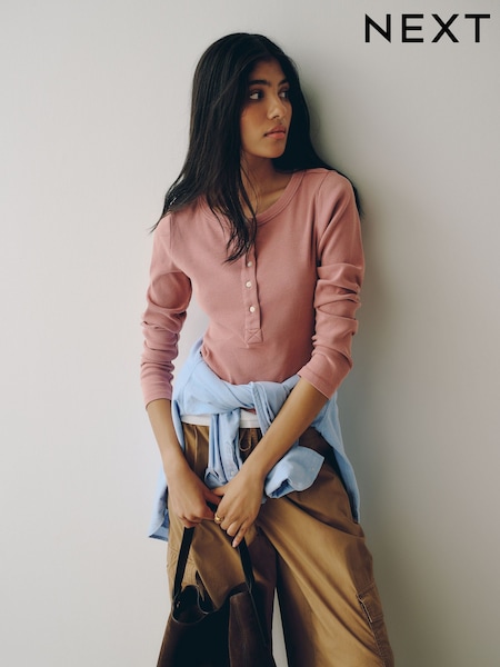 Mauve Purple - Ribbed Henley Layer Long Sleeve Top