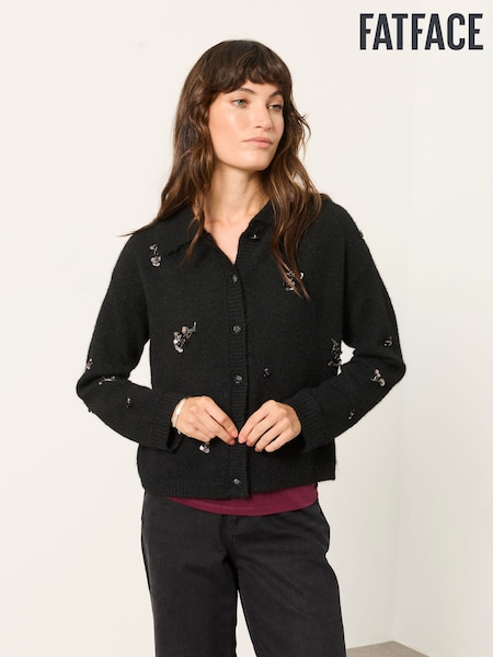 Black - Fatface Embellished Knitted Cardigan
