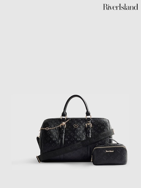 River Island Black Embossed Monogram Barrel Bundle Bag (Y45817) | £72