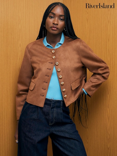 River Island Brown Faux Suede Button Up Trophy Jacket (Y45823) | £56