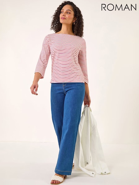 Roman Red Stripe Print Boat Neck Top (Y45919) | £32