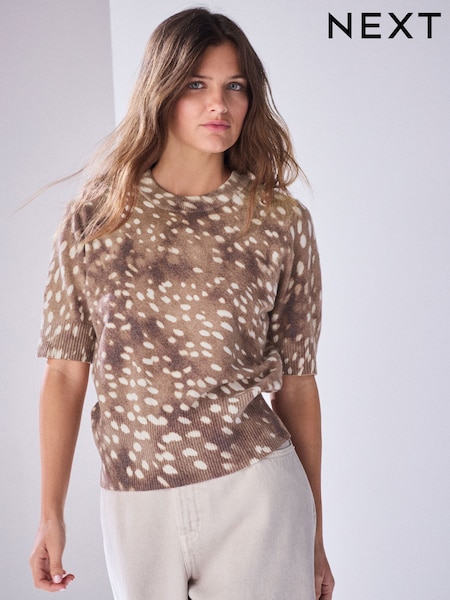 Deer Animal Print - Supersoft Short Sleeve Knitted Top