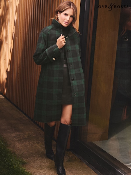 Navy Blue Check - Love & Roses Faux Wool Funnel Neck Coat