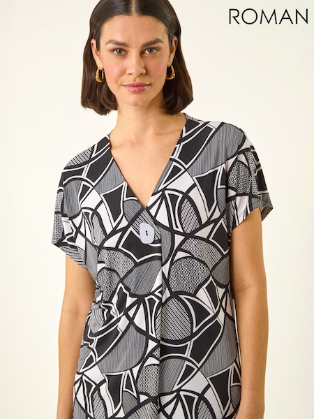 Roman Black Abstract Print V-Neck Stretch Top (Y46049) | £40