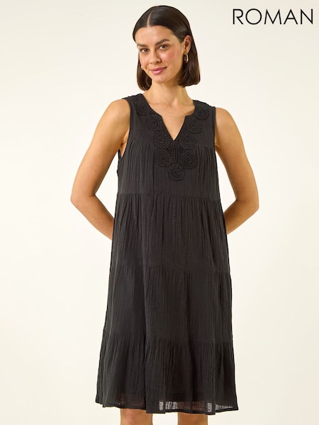 Roman Black Cotton Trim Detail Smock Dress (Y46067) | £48