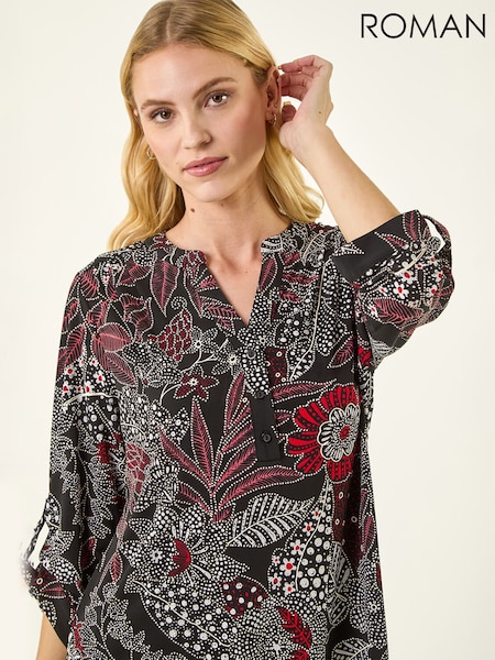 Roman Red Floral Puff Print Gathered Shirt (Y46093) | £42