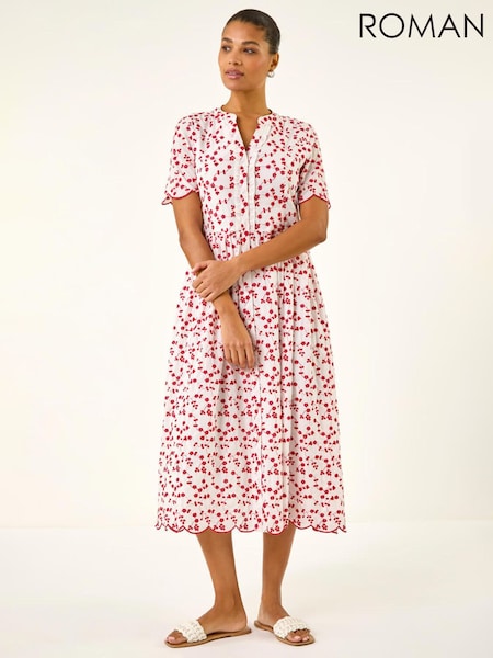 Roman Red Embroidered Buttoned Midi Dress (Y46252) | £58