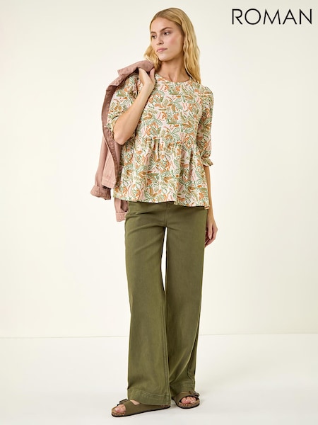 Roman Green Leaf Print Textured Stretch Top (Y46356) | £35