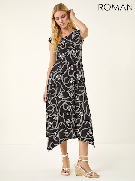 Roman Black Bow Print Hanky Hem Maxi Dress (Y46367) | £55