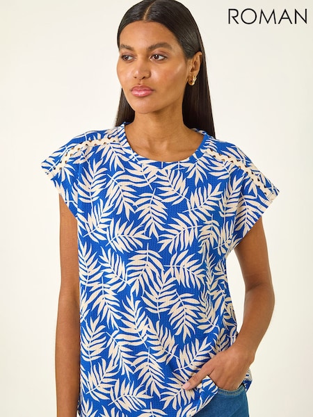 Roman Blue Textured Floral Print Stretch Top (Y46369) | £32