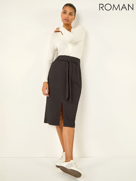 Roman Black Textured Belted Pencil Skirt (Y46382) | £35