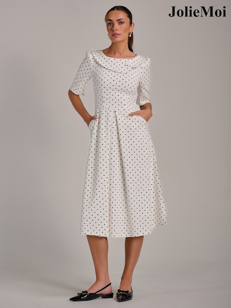 Jolie Moi White Printed Scuba Fold Collar Midi Dress (Y46587) | £75