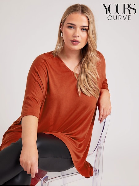 Yours Curve Brown Dipped Hem Longline Tunic (Y46720) | £26