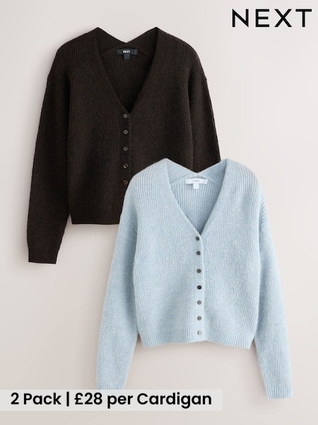 Light Blue/Chocolate Brown - Long Sleeve V-neck Rib Cardigan With Wool 2 Pack